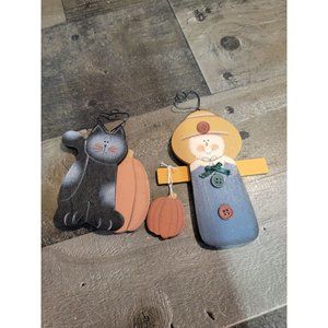 Farmer boy pumpkin Cat scarecrow‎ Wooden ornament xmas set
